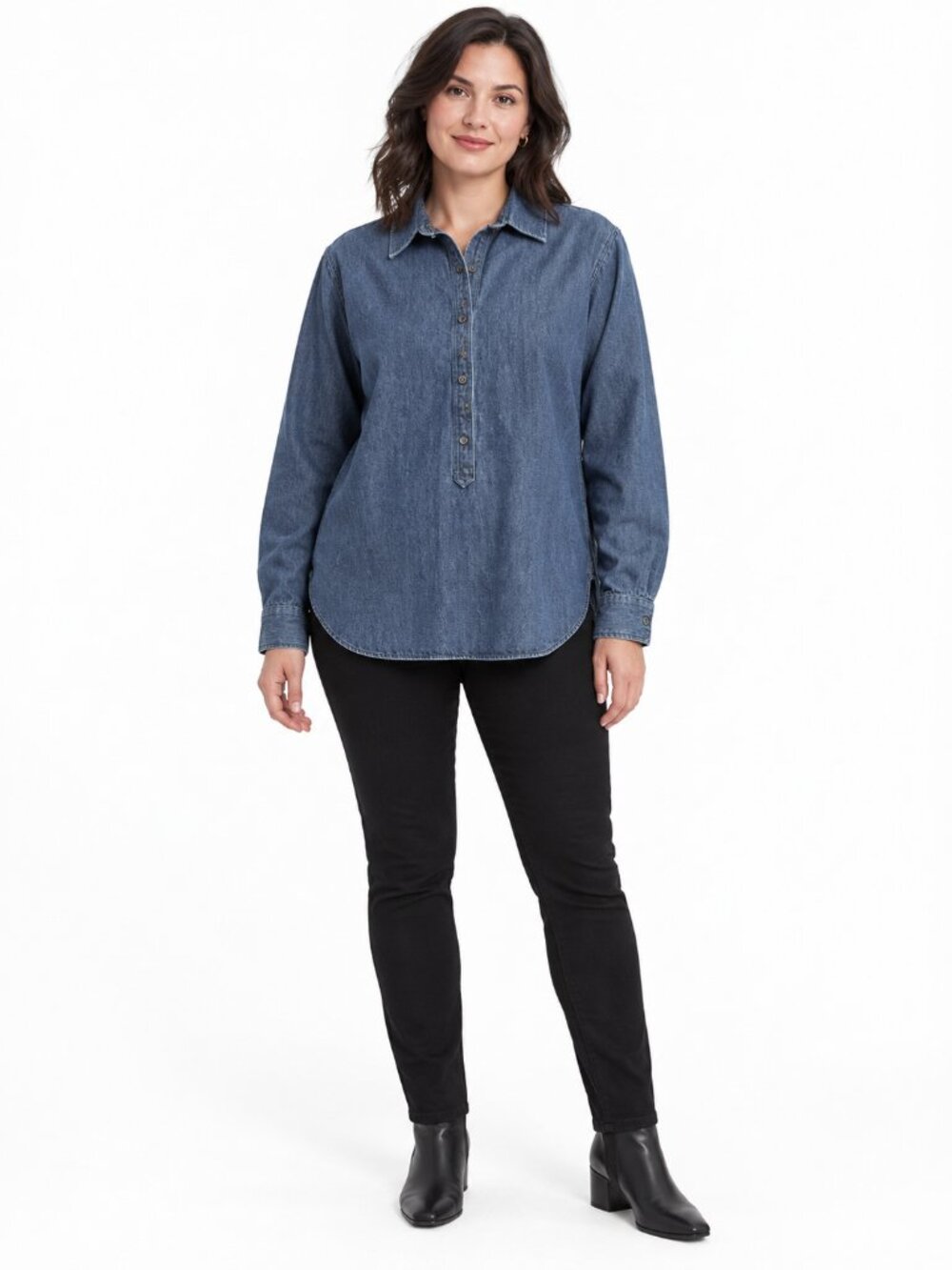 albots Blue Denim Popover Shirt XL Cotton Roll Tab Sleeve Collared Top
